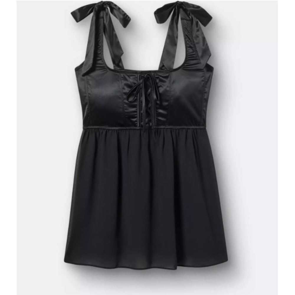 Torrid Bustier Lace Trim Babydoll Rich Black Satin Chiffon Tie Shoulder Top 1 1X